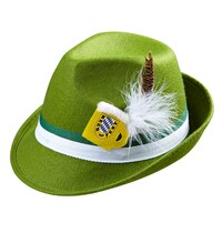 Zelený bavorský klobúk s pierkom a pivom