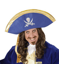 Modrý pirátsky klobúk s lebkou a zlatým lemom