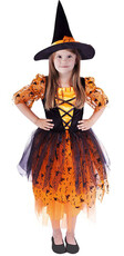 Detský oranžový kostým čarodejnice/Halloween s klobúkom (S) e-balenie