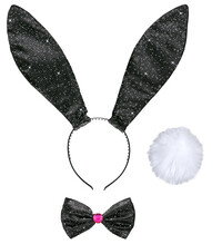 Dámsky čierny set s glittrami zajačik (uši, motýlik, chvost)