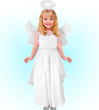 Detský kostým anjela (šaty, krídla, svätožiara)