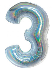 Fóliový balón číslo 3 strieborný holografický, 76 cm
