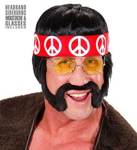 Pánska čierna hippie parochňa s fúzikmi, fúzmi, čelenkou a okuliarmi