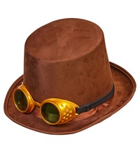 Semišový steampunkový klobúk s okuliarmi, hnedý