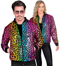 Dúhový trblietavý párty bomber s leopardou animáciou
