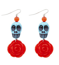 Pár náušníc s azúrovou lebkou a červenou ružou