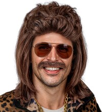Retro hnedá parochňa s účesom „mullet“ a fúzmi z 80. rokov