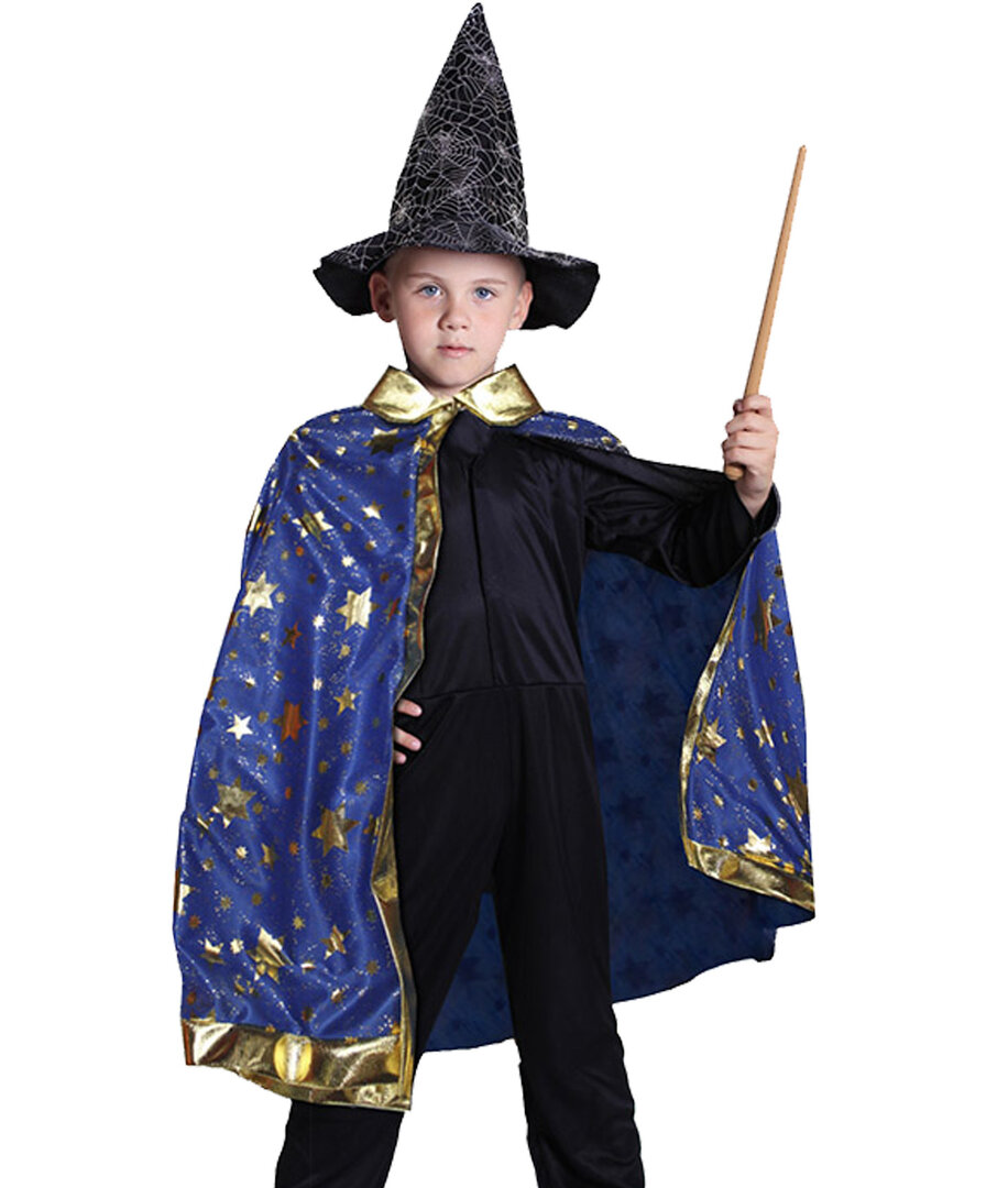 Detský čarovný modrý plášť s čarodejnicami/halloweenskými hviezdami
