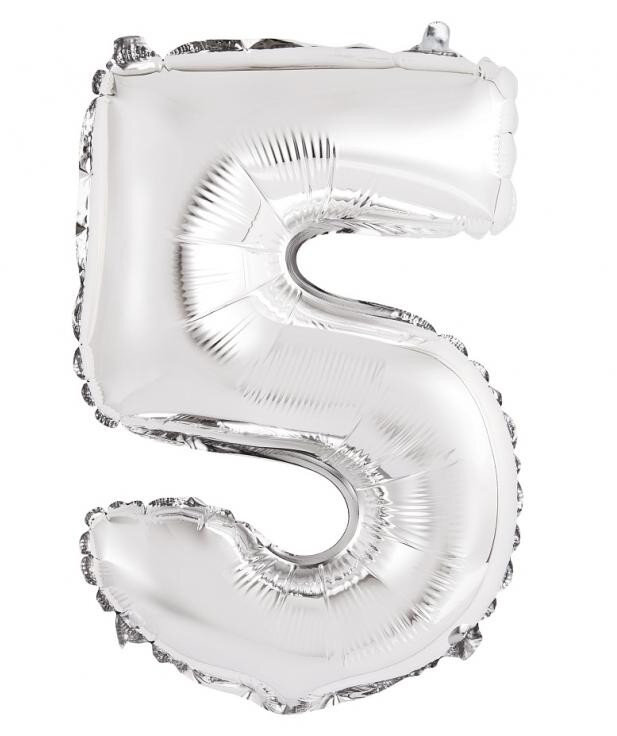 Fóliový balón s číslicou 5 strieborný, 35 cm