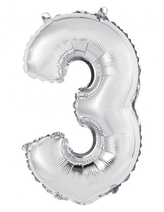 Fóliový balón s číslicou 3 strieborný, 35 cm