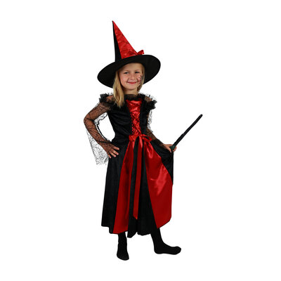 Dievčenský kostým čarodejnice čierno-červený s klobúkom, e-balenie