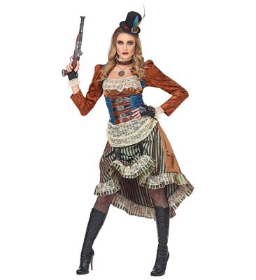 Dámsky steampunkový kostým (šaty, náhrdelník, rukavice, mini klobúk)