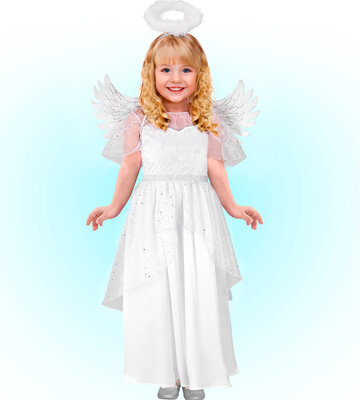 Detský kostým anjela (šaty, krídla, svätožiara)