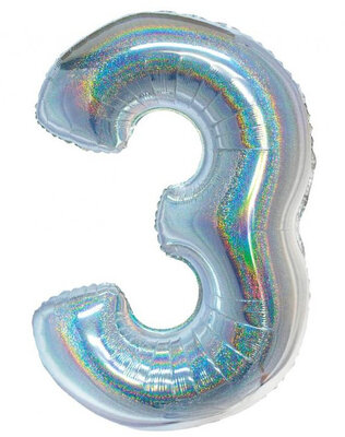 Fóliový balón číslo 3 strieborný holografický, 76 cm
