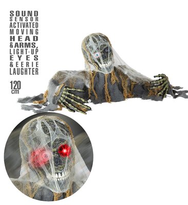 Kostra zombie s pohyblivými rukami, hlavou, smiechom a blikajúcimi očami 120 cm