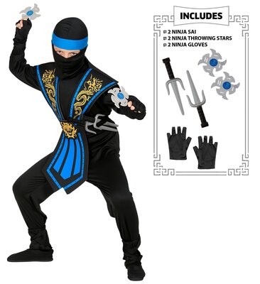 Chlapecký kostým modrého ninju so zbraňami