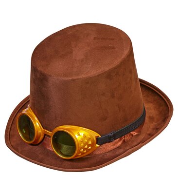 Semišový steampunkový klobúk s okuliarmi, hnedý