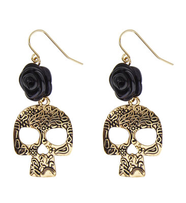 Pár náušníc s čiernou ružou a zlatou lebkou