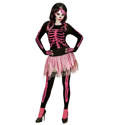 Dámsky ružový kostým kostlivca (tričko, nohavice, tutu sukňa, rukavice bez prstov)