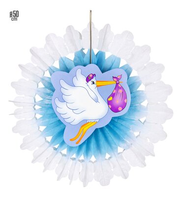 Papierová rozeta s bocianom, modrá (50 cm)