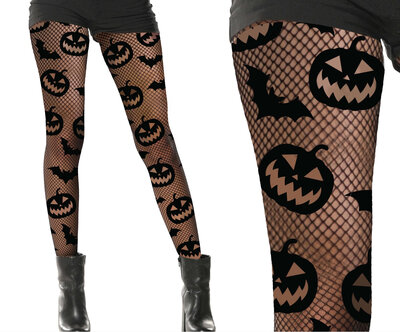 Dámske čierne halloweenske pančuchy s tekvicami a netopiermi