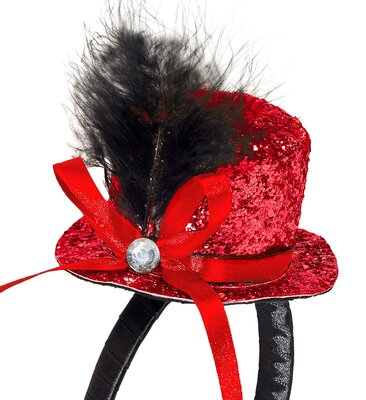 Mini klobúčik s pierkom a drahokamom, červený