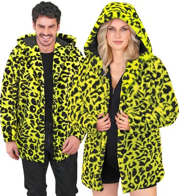 Plyšový kabát s kapucňou, žltý leopardí vzor