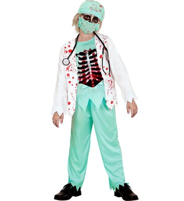 Zombie doktor (zakrvavený plášť s košeľou a kosťami na hrudi, nohavice, čiapka, rúško, stetoskop)