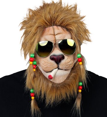 Polomaska rasta leva s hrivou, korálkami a okuliarmi
