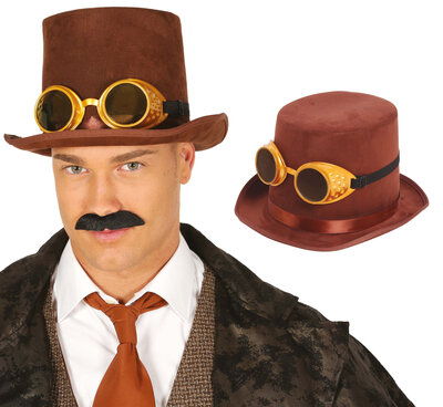 Hnedý steampunkový klobúk s okuliarmi