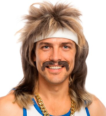 Retro blond parochňa s účesom „mullet“ a fúzmi z 80. rokov