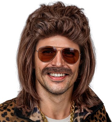 Retro hnedá parochňa s účesom „mullet“ a fúzmi z 80. rokov